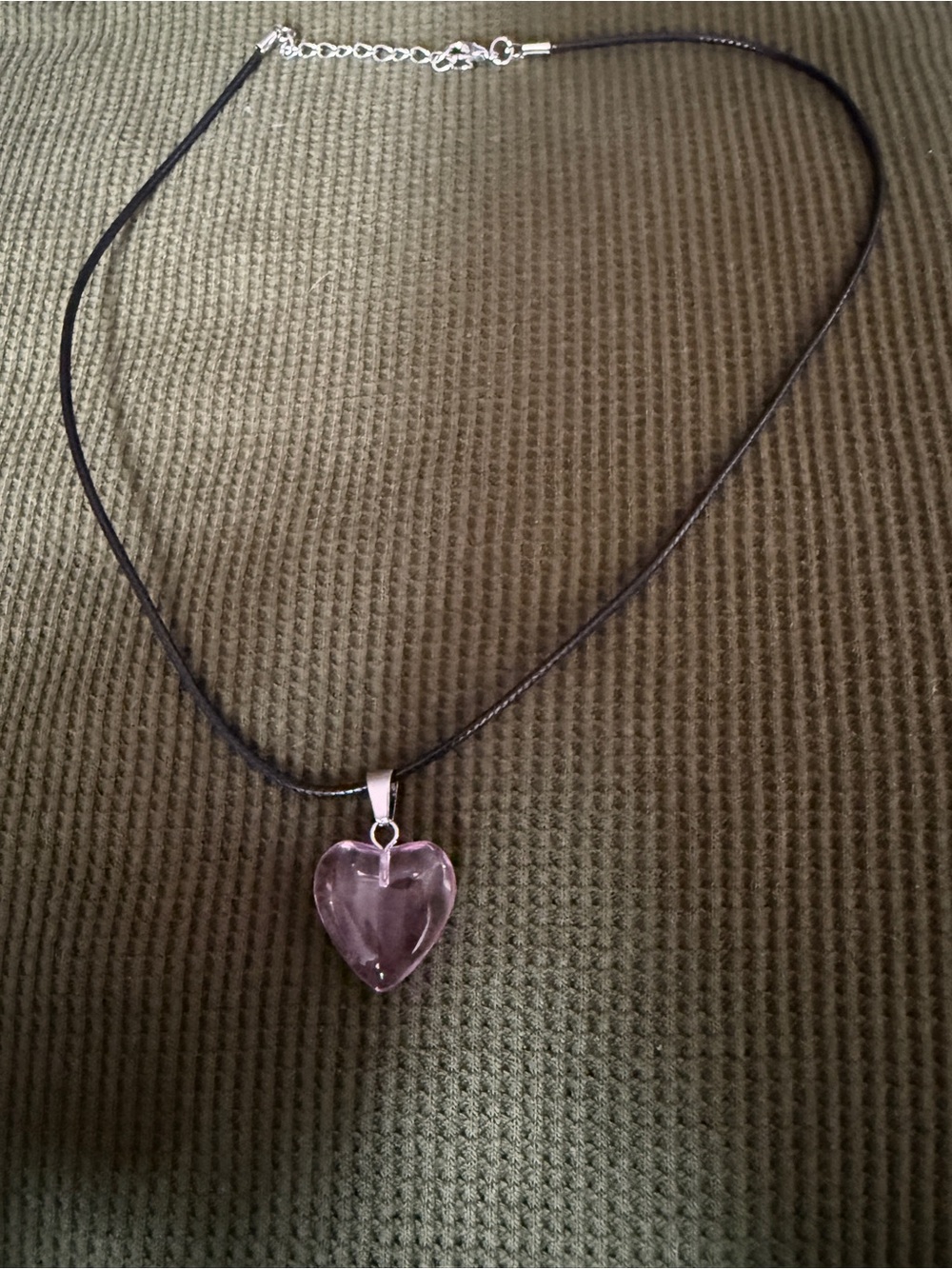 Heart Pendant Necklace - Pink Glass Heart on Black Cord
